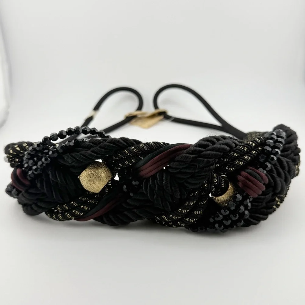 Vintage Braided Rope Belt Black Gold Beaded Statement Belt Boho